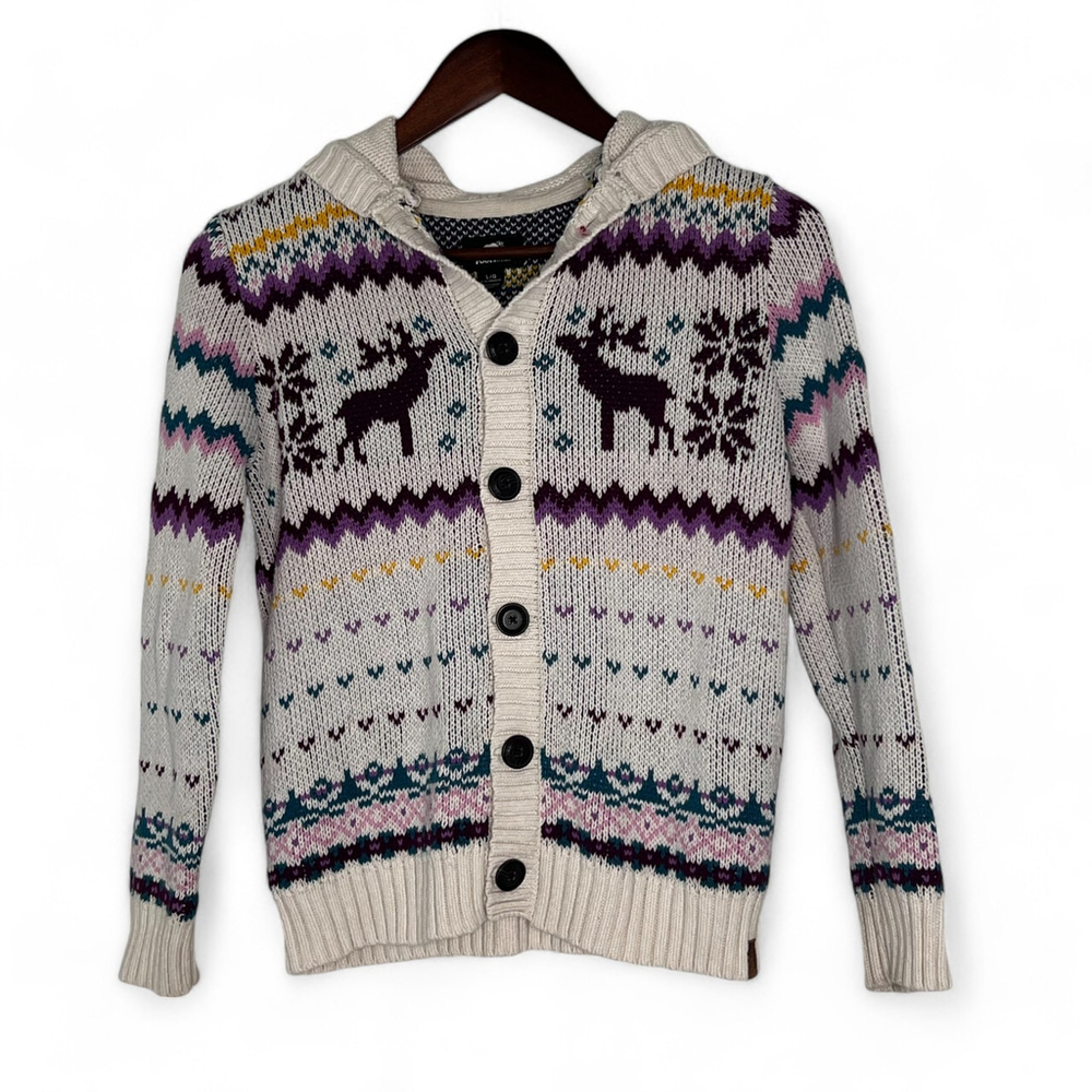 Roots Kids Hooded Sweater L Button Down Reindeer Snowflakes Cream and Purple